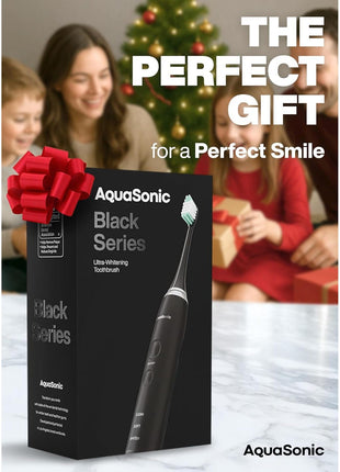 Aquasonic Black Series Ultra Whitening Toothbrush – ADA Accepted Electric Toothbrush- 8 Brush Heads & Travel Case – 40,000 VPM Electric Motor & Wireless Charging - 4 Modes w Smart Timer