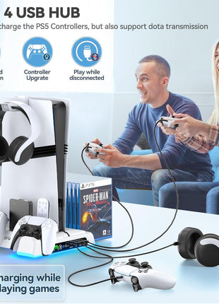 PS5/Slim/Pro Stand and Cooling Station with LED Controller Charging Station for PlayStation 5 Console, Controller Charger, Cooling Stand, PS5/Slim/Pro Accessories Kit with 3 Level Cooler Fan