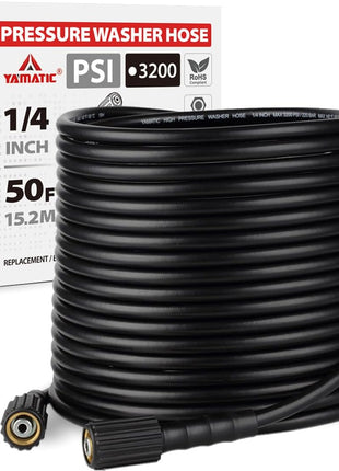YAMATIC Pressure Washer Hose 50FT x 1/4 inch, 3200 PSI Kink Resistant OEM-Quality Upgrade Power Washer Replacement/Extension with M22-14mm Brass Fittings for Ryobi, Troy Bilt, Greenworks, CRAFTSMAN