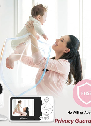 VTimes Baby Monitor with Camera and Audio, No WiFi, 2.4" LCD Screen, Two-Way Talk, Portable, Night Vision, 1000ft Range, Temperature Sensor, Alarm and Lullaby, for Baby Shower