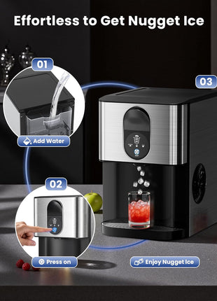 Nugget Ice Makers Countertop, Pellet Ice Maker Machine Dispenser with Water Reservoir, Self-Cleaning, 44lbs/24H Soft Chewable Ice Maker Machine for Home/Kitchen/Office, Black Stainless
