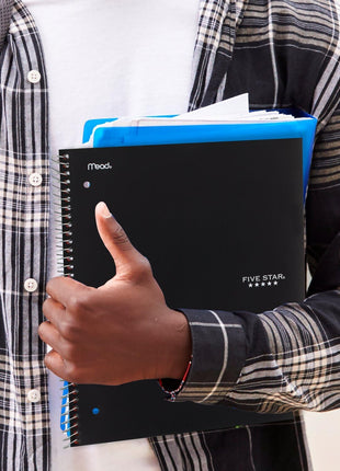 Five Star Spiral Notebook  Study App, 5 Subject, College Ruled Paper, 8-1/2 inch x 11 inch, 200 Sheets, Fights Ink Bleed, Water Resistant Cover, Black (72081)