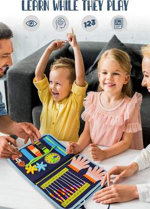 Busy Book for Toddlers, Montessori Felt Quiet Book Travel Toy | Soft felted wool, securely stitched with no loose pieces. Buttons, zippers and abacus build fine motor skills.