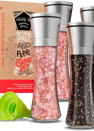 Home EC Premium Stainless Steel Sea Salt and Pepper Grinder Set of 2 - Adjustable Ceramic - Tall Glass Salt and Pepper Shakers - Kitchen Spice Mill W/Funnel & EBook