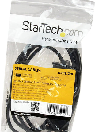 StarTech.com 2m Black DB9 Null Modem Serial Cable, Male to Female | 9 pin Null Modem Cable, Cross Wired, DB-9 (M) to DB-9 (F), Male to Female