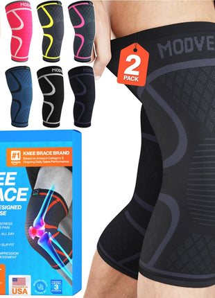 Modvel 2 Pack Knee Brace for Women & Men - Workout Knees Compression Sleeve for Knee Pain Relief Joint Support for ACL, Arthritis, Meniscus Tear Knees Brace for Sports, Rodilleras para Gym Fitness