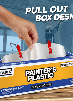 Painter's Plastic Film, 400' Length x 9' Width High, High Density Painters Plastic Sheeting Roll in Box with Dispense Hole for Easy Paint Plastic Covering