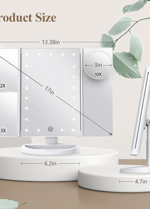HUONUL Makeup Mirror, Vanity Mirror with Lights, 2X/3X/10X Magnification, Touch Control, Trifold, Dual Power Supply, Birthday Gifts for Women, Wife, Mom, Girls,Dorm Room Essentials