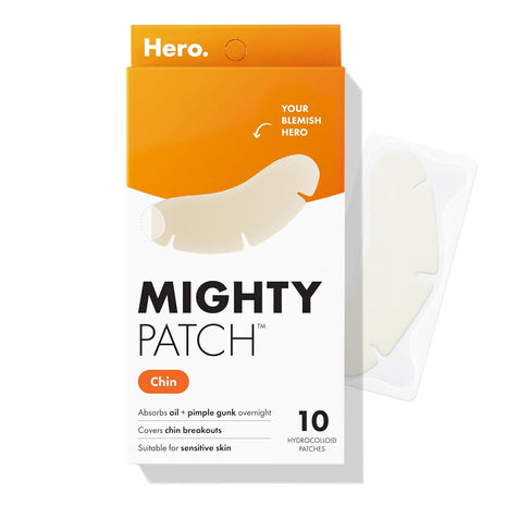 Mighty Patch Hero Cosmetics Chin Acne Pimple Patches, 10 Ct | XL Full Coverage Hydrocolloid Patch, Contoured for Chin, Non-Irritating, Dermatologist Tested
