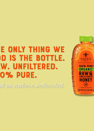 Nate's Organic 100% Pure, Raw & Unfiltered Honey - USDA Certified Organic - 32oz. Squeeze Bottle