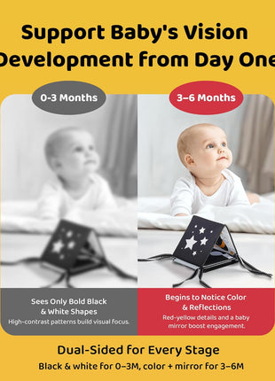High Contrast Baby Book, Black and White, Tummy Time Mirror Toy | Newborn visual stimulation 0-6 months, Montessori sensory play, soft crinkle pages, folds flat, ties to crib and stroller