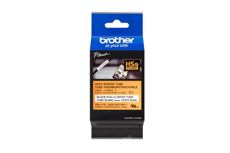 Brother HSe211E 5.28mm (0.2in) Black on White 3:1 Heat Shrink Tube