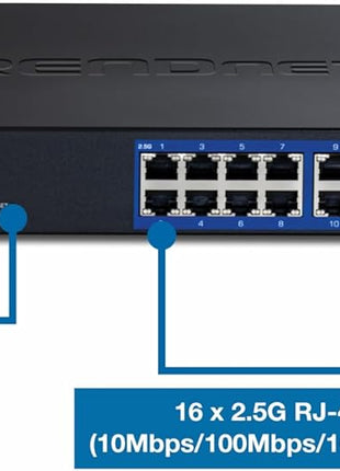 TRENDnet 18-Port Multi-Gig Web Smart Switch, TEG-3182WS, 16 x 2.5Gb Ports, 2 x 10Gb SFP+ Ports, NDAA TAA Compliant, Lifetime Protection, Remote Cloud Management, Black