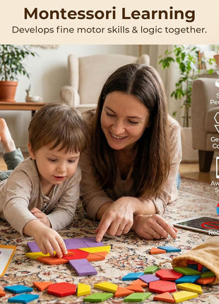LovesTown 209 PCS Shapes Wooden Pattern Blocks for Kids | Geometric with Activity Cards, Storage Bag, Educational Tangram Puzzles, Great Learning Gift