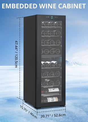 15 Inch Wine Cooler Refrigerator - 28 Bottle Capacity, Double-Layer Glass Door, Temperature Stable System, Digital Control, Single Area Dual Temperature, Built-in or Freestanding, with Lock