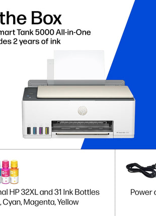 HP Smart Tank 5000 Wireless All-in-One Ink Tank Printer, Scanner, Copier with 2 Years of Ink Included, Best-for-Home, Cartridge-Free, Refillable and AI-Enabled. (5D1B6A)