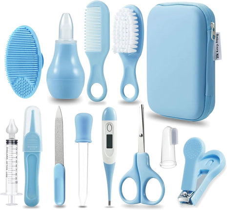 PandaEar Baby Healthcare & Grooming Kit - Baby Safety Set Comb, Brush, Finger Toothbrush, Nail Clippers, Scissors, Nasal Aspirator - Nursery Care Kit (Blue)