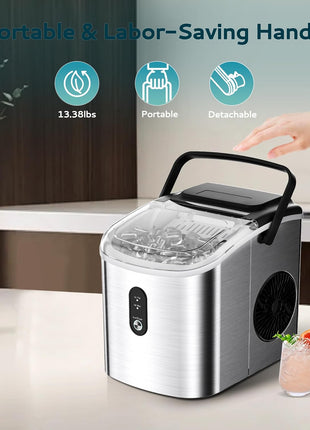 EUHOMY Ice Maker Countertop, Portable Ice Machine with Carry Handle, 26.5lbs Per Day, 9 Cubes in 6 Mins, Auto-Cleaning, with Basket and Scoop, for Home, Kitchen, Camping, RV (Silver)