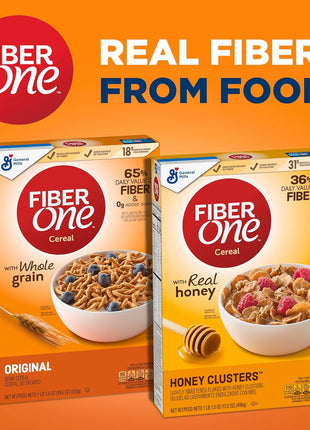 Fiber One Honey Clusters Breakfast Cereal, Fiber Cereal Made with Whole Grain, 17.5 oz