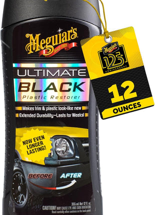Meguiar's Ultimate Black Plastic Restorer, Durable Car Restorer for Faded Black Plastic, Vinyl, and Rubber, Restores Deep Color and Shine, for Car Guys, 12 Oz