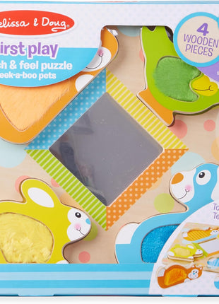 Melissa & Doug First Play Peek-a-Boo Pets Wooden Touch and Feel Puzzle with Mirror Mirror Toy for Babies and Toddlers, Sensory Toy Puzzle