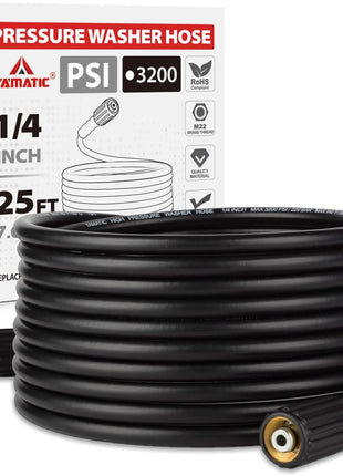 YAMATIC Pressure Washer Hose 25FT x 1/4 inch, 3200 PSI Kink Resistant OEM-Quality Upgrade Power Washer Replacement with M22-14mm Brass Fittings for Ryobi, Troy Bilt, Greenworks, Craftsman