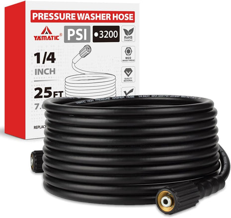 YAMATIC Pressure Washer Hose 25FT x 1/4 inch, 3200 PSI Kink Resistant OEM-Quality Upgrade Power Washer Replacement with M22-14mm Brass Fittings for Ryobi, Troy Bilt, Greenworks, Craftsman