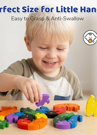 LovesTown Wooden Double Sided Snake Puzzle | Alphabet & Numbers, Montessori Educational, Chunky Animal Design, For Toddlers, Great Learning Gift