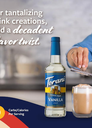 Torani Sugar Free Coffee Syrup, Vanilla Flavored Syrup for Drinks, Zero Calorie, Pump Included, 25.4 Fl Oz