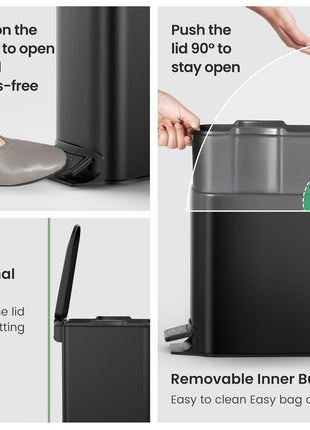 Cesun Small Bathroom Trash Can with Lid, 1.6 Gal, Soft Close, Matte Black | Step pedal soft close, Slim 5.9in fits narrow spaces, Stainless steel, Anti-fingerprint, Removable inner bucket, Odor seal