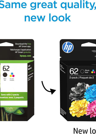 HP 62 Black/Tri-color Ink Cartridges for HP Printers (2-pack) | Works with Printer Series: ENVY 5540, 5640, 5660, 7640, OfficeJet 5740, 8040, OfficeJet Mobile 200, 250 | N9H64FN
