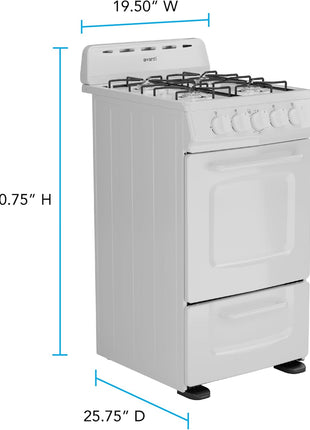 Avanti Gas Range Oven, Compact Freestanding Design, 4 Burners with Electronic Ignition, 2.1 Cu.Ft. Capacity Features Solid Door Storage Drawer Broiler and Accessories, 20-Inch, White
