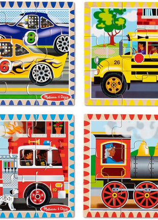 Melissa & Doug 4‐in‐1 Wooden Vehicle Jigsaw Puzzle Set, 48 Pieces with Storage Box, Toddler Puzzle Toy for Kids Ages 3+- FSC Certified