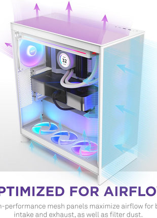 NZXT H7 Flow - Mid-Tower ATX Airflow PC Case - White | Airflow-first ATX mid-tower. Bottom-mount fans for direct GPU cooling, 420mm front radiator support, clean cable routing.