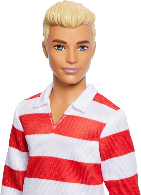Barbie Fashionistas Ken Doll #241 with Blonde Hair | Wearing Red and White Striped Polo Shirt with Pink Shorts, White Crew Socks and Sneakers