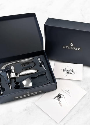 Wine Bottle Opener Corkscrew Set – Luxiluxy [2024 upgraded, does NOT break!] Including Foil Cutter, Bottle Stopper, Opener Stand and Extra Spiral - corkscrews wine opener set- wine opener kit