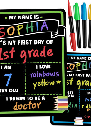 First Day of School Sign Board with Liquid Chalk Markers - 14 inchx11 inch Double-Sided & Reusable - My First and Last Day - Back to School Supplies Board for Kindergarten, Preschool