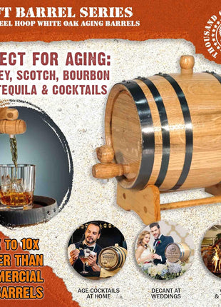 2 Liter Oak Aging Barrel with Wood Stand, Bung & Spigot   Mini Whiskey Barrels for The Home Alcohol Distiller, Moonshiner & Winemaker   Age Cocktails, Bourbon, Whisky, Tequila, Rum, Mead Wine (2L)