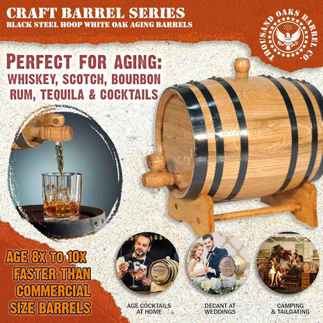 2 Liter Oak Aging Barrel with Wood Stand, Bung & Spigot   Mini Whiskey Barrels for The Home Alcohol Distiller, Moonshiner & Winemaker   Age Cocktails, Bourbon, Whisky, Tequila, Rum, Mead Wine (2L)