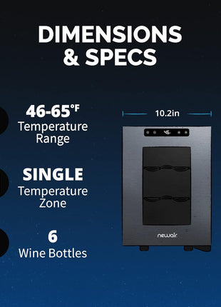 NewAir 10" Wine Fridge for 6 Bottles | Freestanding Wine Cooler Refrigerator with Glass Door | Compact Countertop Storage with Precision Cooling & Quiet Operation | Black