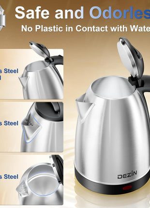 DEZIN Electric Kettle Upgraded, BPA Free 2L Stainless Steel Tea Kettle, Fast Boil Water Warmer with Auto Shut Off and Boil Dry Protection Tech for Coffee, Tea, Beverages
