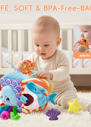 Baby Toys 6-12 Months, Montessori Sensory Toys with 5 Plush Sea Animals | Soft Mystery Box with Crinkle,Squeaky,Rattle & Mirror for Fine Motor Play & Multi-Sensory Learning,Gifts for Infants & Babies