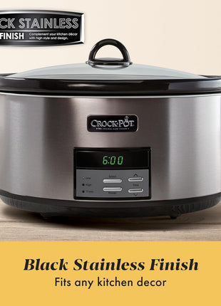 Crock Pot Large 8 Quart Programmable Slow Cooker with Auto Warm Setting Black Stainless Steel