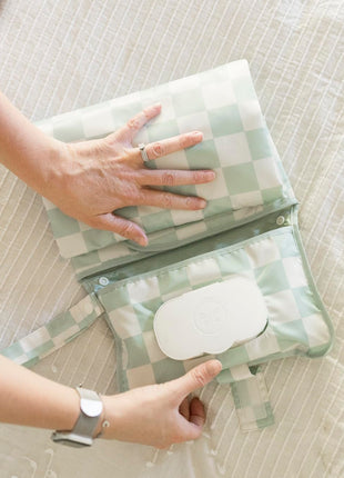 Tiny Twinkle Portable Diaper Changing Pad | Waterproof, Wipeable & Compact Baby Changing Pad for Travel | Smart Wipes Pocket & Organized Storage| Newborn Shower Gift (Sage Checkers)