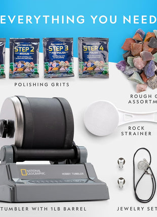 National Geographic Hobby Rock Tumbler Kit for Kids and Adults Ages 8+ | Rough Gemstones, 4 Polishing Grits, Rock Polisher, Geology Science Kit, Rock Tumbling for Kids and Adults, Birthday Gift