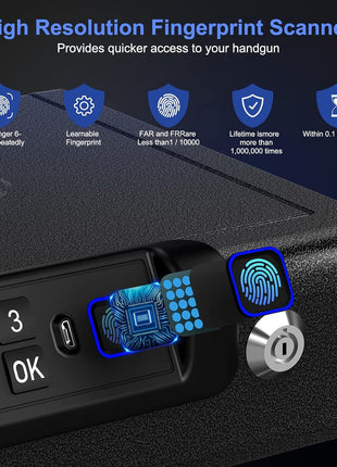 Biometric Gun Safe for Pistols 3-Ways unlock Fingerprint Digital PIN Key Unlock Handgun Safe with Sound, Lock box for Cloakroom living room Bedroom Nightstand and Car BILLCONCH