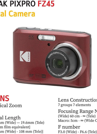 KODAK PIXPRO FZ45 16MP Digital Camera with 4X Optical Zoom 27mm Wide Angle and 2.7" LCD Screen Bundle with 32GB SD Memory Card, AA Batteries (4 Pack), Lens Cleaning Cloth (Red)