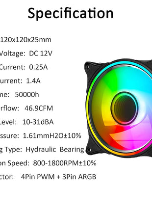 120mm ARGB PWM PC Case Fans - 800-1800RPM Computer CPU Cooling with Addressable RGB PC Case Triple Light Loop Includes SATA Adapter 3-Pack Black