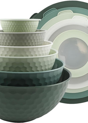 COOK WITH COLOR Mixing Bowls with Lids   12 Piece Plastic Nesting Bowls Set includes 6 Prep Bowls and 6 Lids, Non Slip Bottom and Embossed Design   Microwave Safe (Sage)