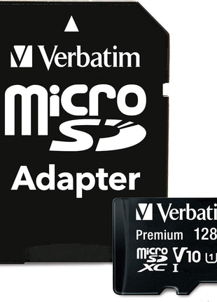 Verbatim 128GB Premium microSDXC Memory Card with Adapter UHS-I V10 Class 10 Supports Full HD (1080p) U1 Speed Rated Up to 90MB/s Read Speed